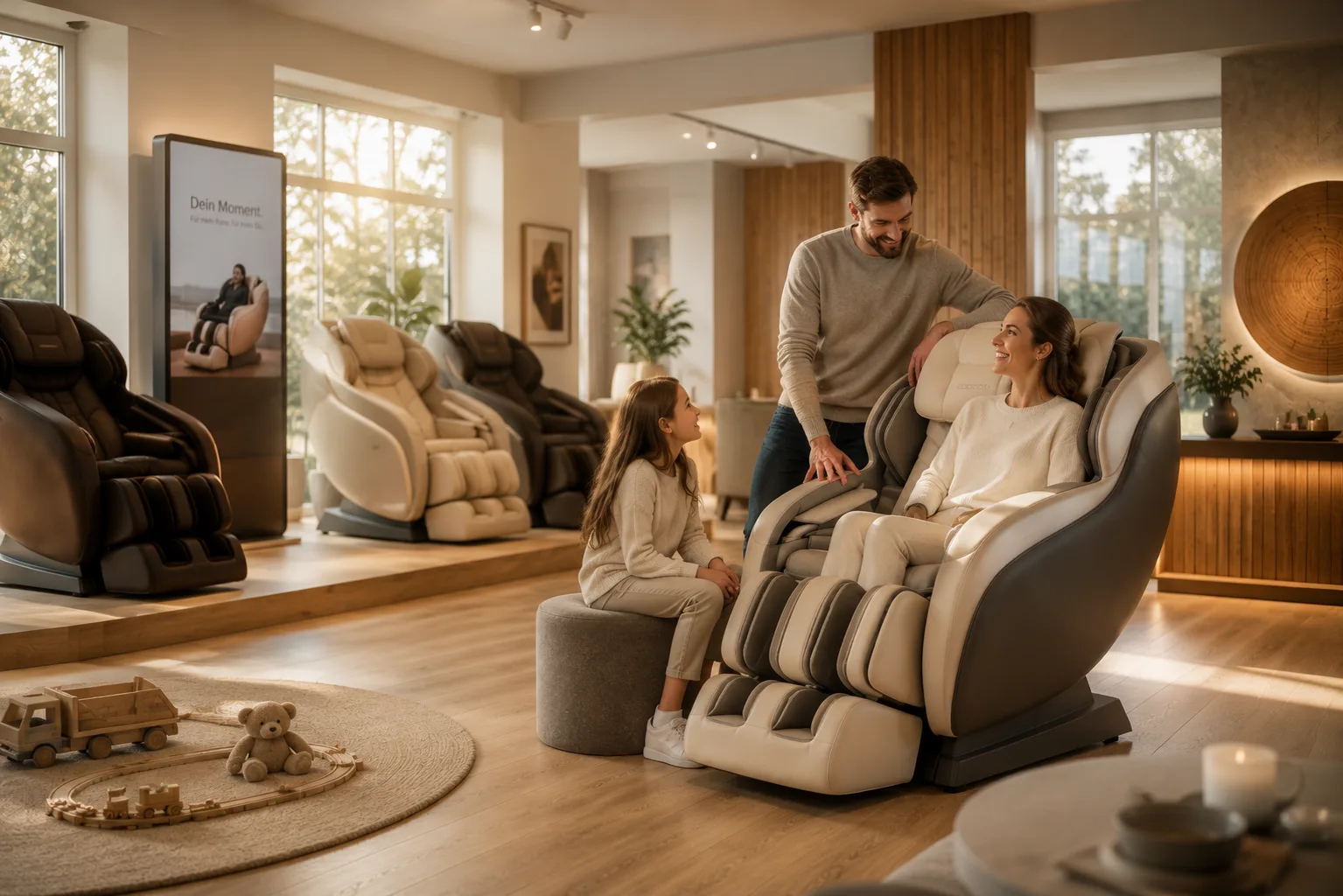 Familie beim Probesitzen im Showroom (KI-generiertes Bild)